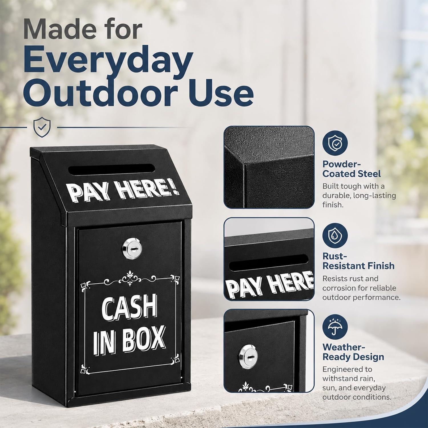 Metal Donation Box with Lock and Keys, Wall Mounted Cash Money Box with Slot for Cash Deposit, Black Money Drop with Lock and Slot, Metal Suggestion Boxes for Home Office Outdoors Farm Stand image 5