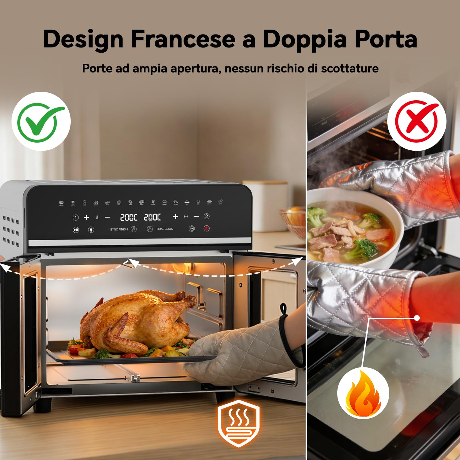 Friggitrice ad Aria 23L XXL Mini Forno con Porte alla Francese, 2600W Air Fryer Dual Zone con Smart-Touch, Sync Finish, 15 Programmi, Ricettario & 13 Accessori Inclusi, Metallo