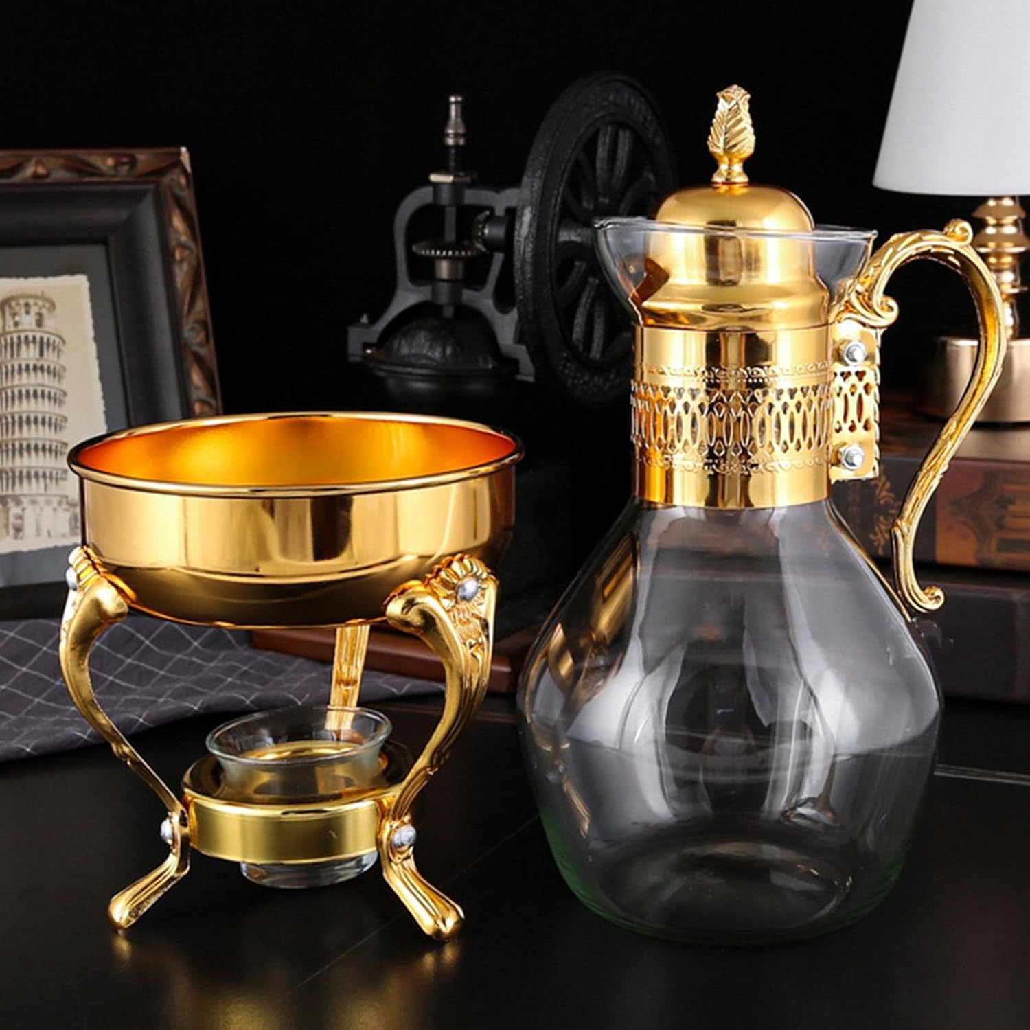 Zerodis Glass Tea Pot, Heatable Water Pitcher with Lid and Cup Large Heat Glass Beverage Pitcher Vintage Hot Cold Tea Kettle for Iced Tea, Wine, Coffee (Gold)