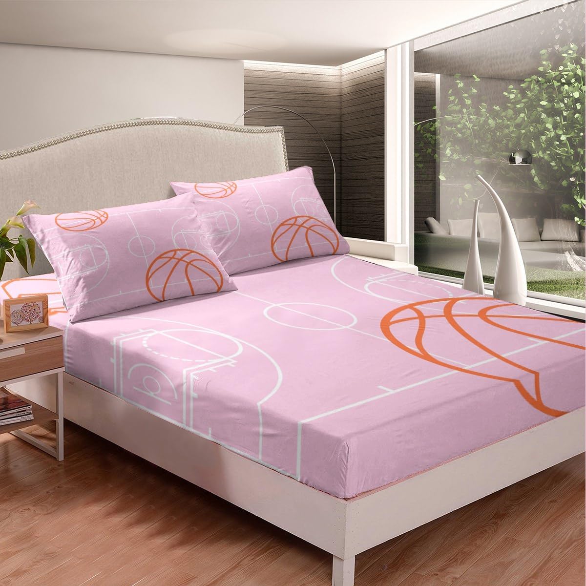 Feelyou Full Basketball Bed Sheet Set Boys Girls Basketball Court Bedding Sheets for Kids Soft Pink Bedding Fitted Sheet Sport Bed Cover Room Decor,1 Fitted Sheet+2 Pillow Sham（No Flat Sheet）