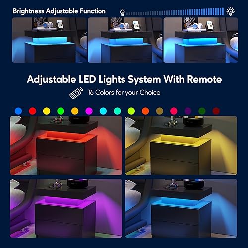 Miniatura 4 de Juego de 2 mesas auxiliares LED modernas con almacenamiento, mesas auxiliares de 20.5 pulgadas de alto, juego de 2 con 2 cajones, muebles LED para