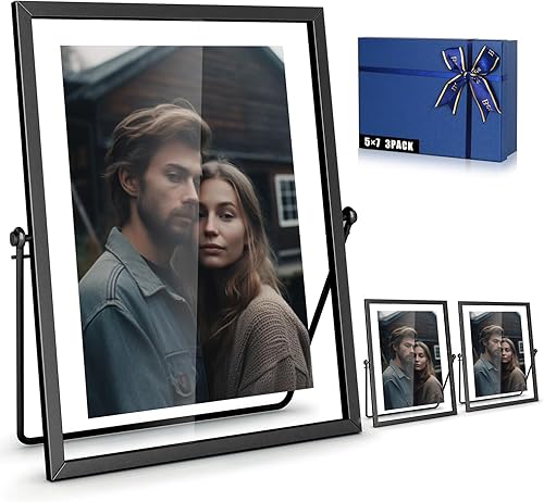 Juego de 3 marcos de fotos flotantes, marco de fotos negro de 5 x 7 pulgadas, marco de fotos de metal para escritorio con vidrio para múltiples