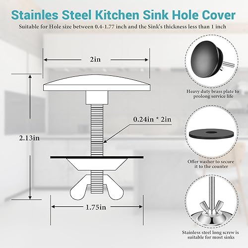 Vista 51 de LEIFIDE Grifo de acero inoxidable para fregadero de cocina de 2 pulgadas, tapa de tapón de placa de orificio para fregadero de cocina (negro mate)