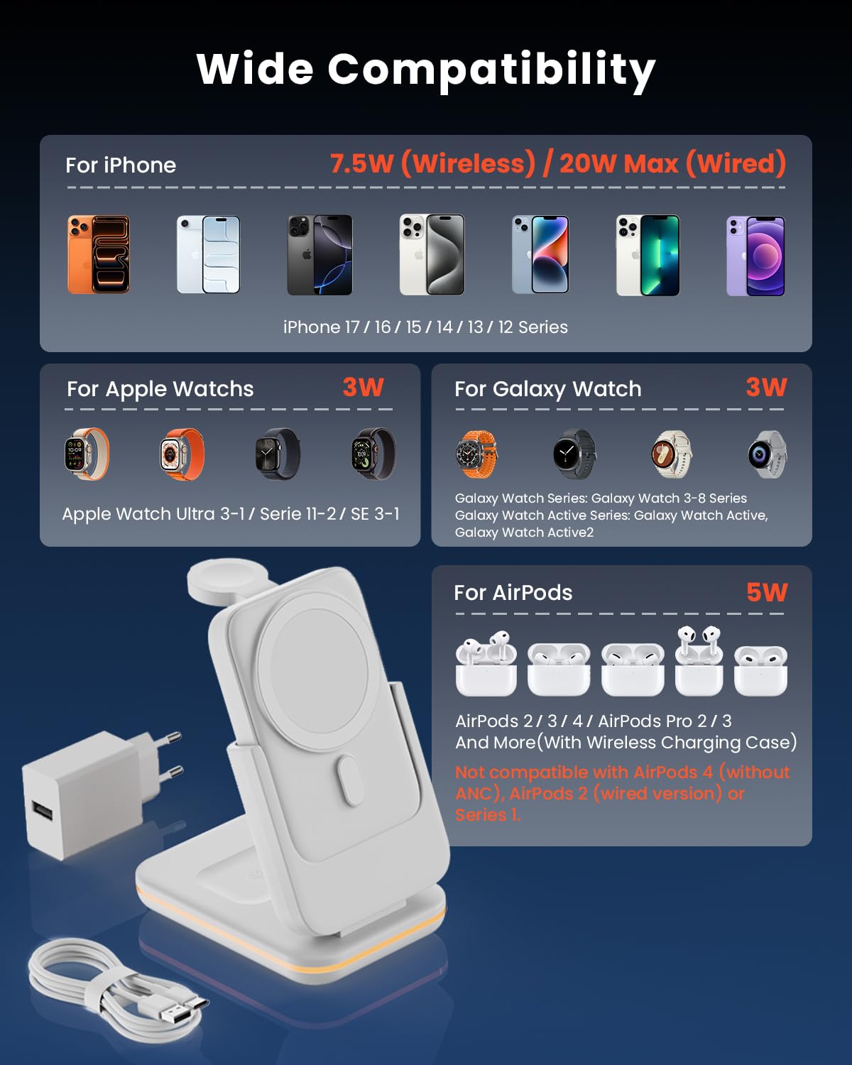 GEEKERA Chargeur magnétique sans fil 3 en 1 avec batterie externe, AP05-05, blanc