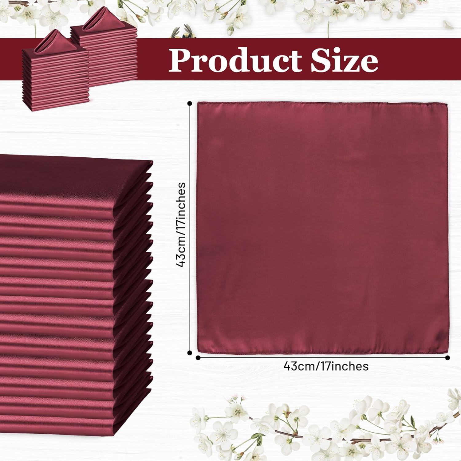 Bailarina 120 Pack Burgundy Satin Napkins,17x17 Inches Wedding Napkins Square Soft Silky Table Napkins Bulk Decorative Elegant Cloth Napkin for Party Decoration, Banquet,Wedding,Graduation