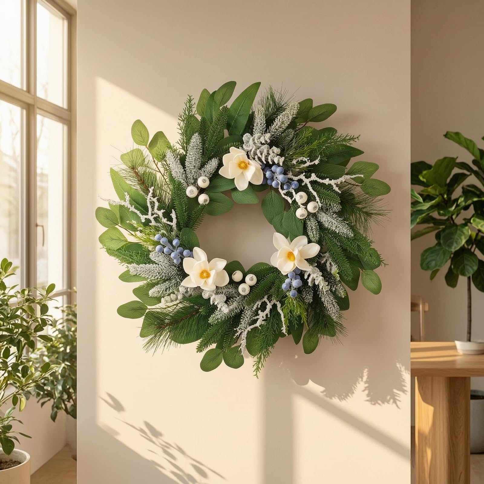 F Fityle Guirnalda para Puerta Guirnalda Corona Adorno Navideño Arreglo con Frutas Decorativas y Flores Suaves de Tela Seda, Guirnalda De Flores con Búhos