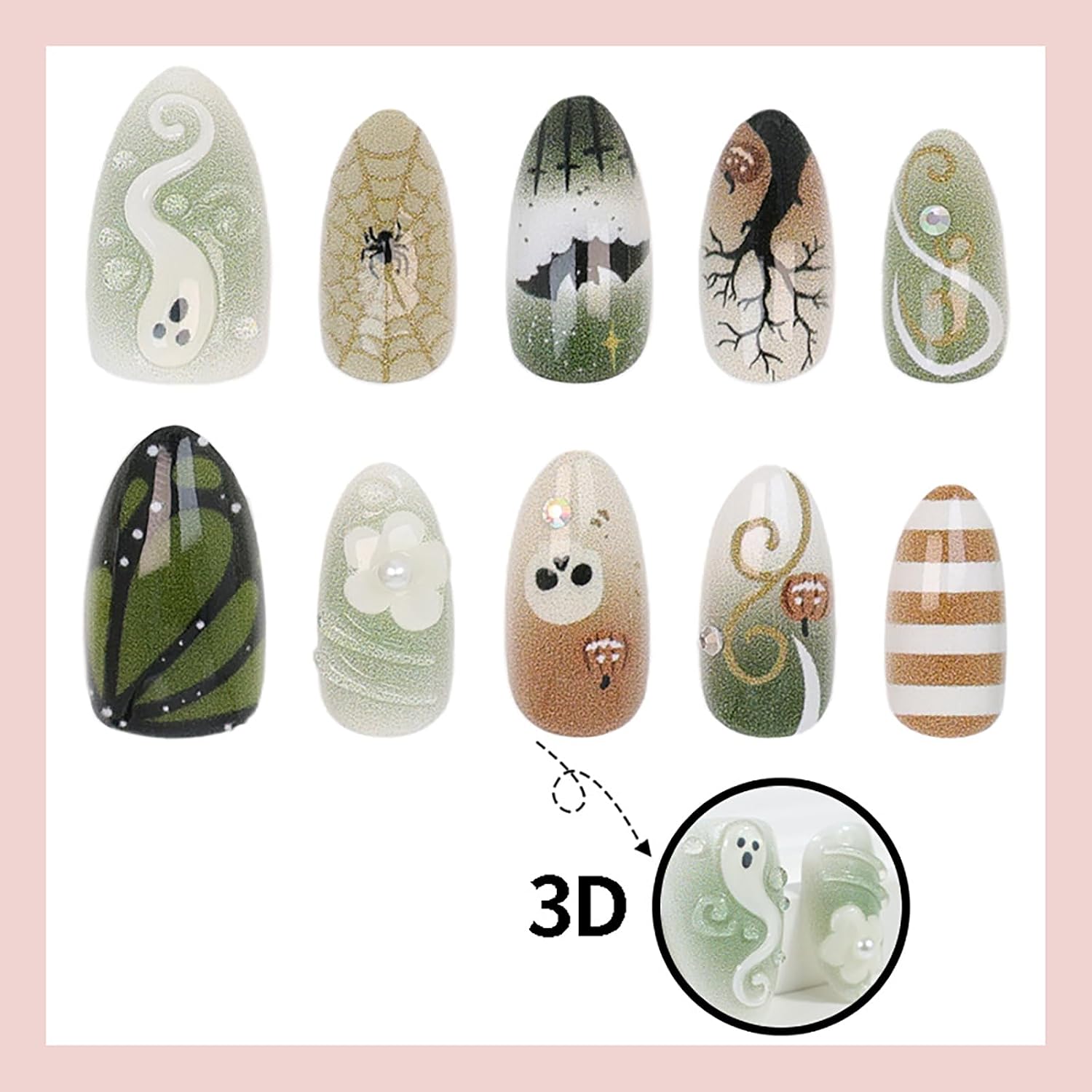 Halloween Press on Nails Medium Almond Green Brown Ghost Skull Fake Nails