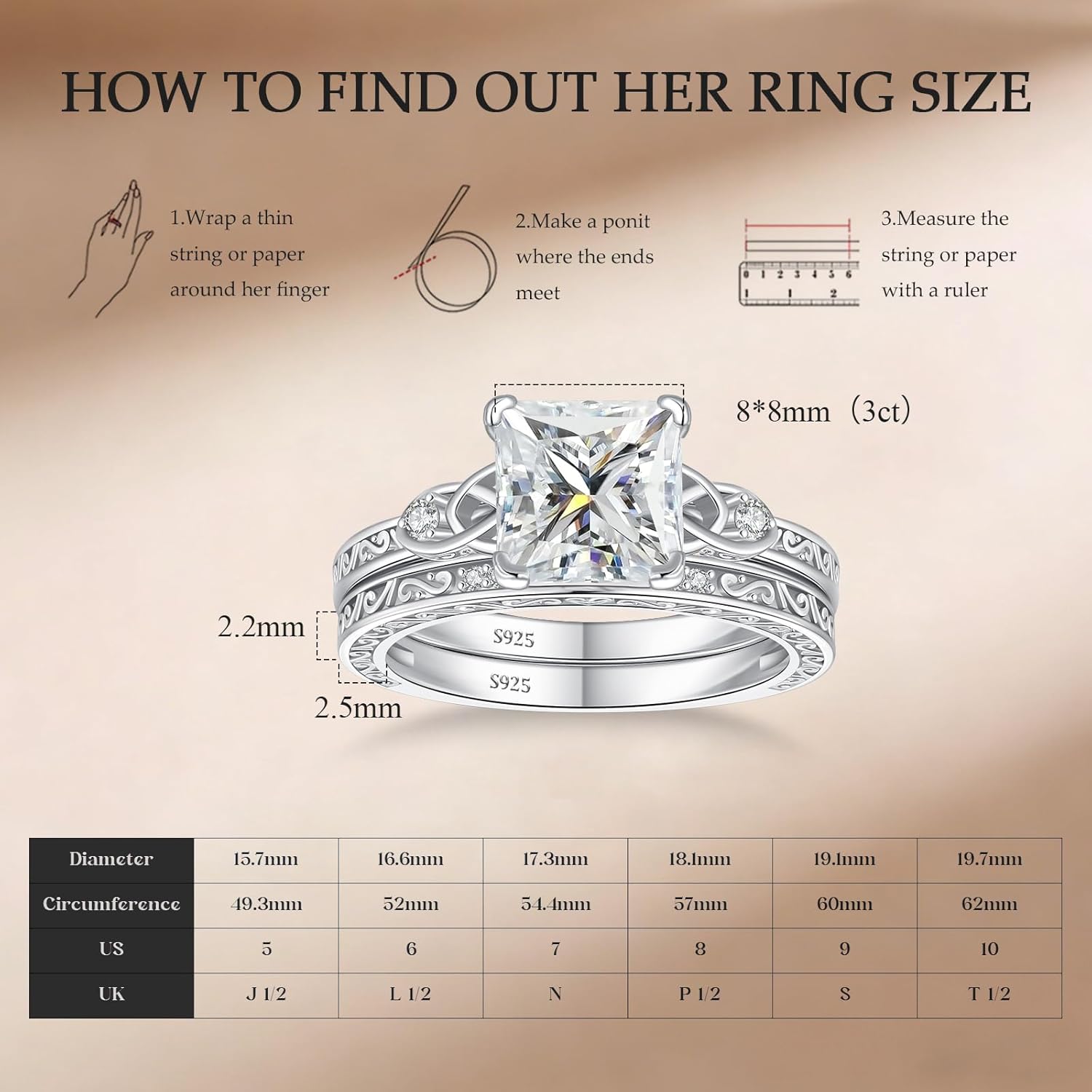 3CT Princess Cut Moissanite Wedding Bridal Ring Set for Women, Celtic Knot D Color VVS1,Engagement Promise Anniversary Rings with Certificate,Birthday Christmas Gift, Size 5-10 - Image 7