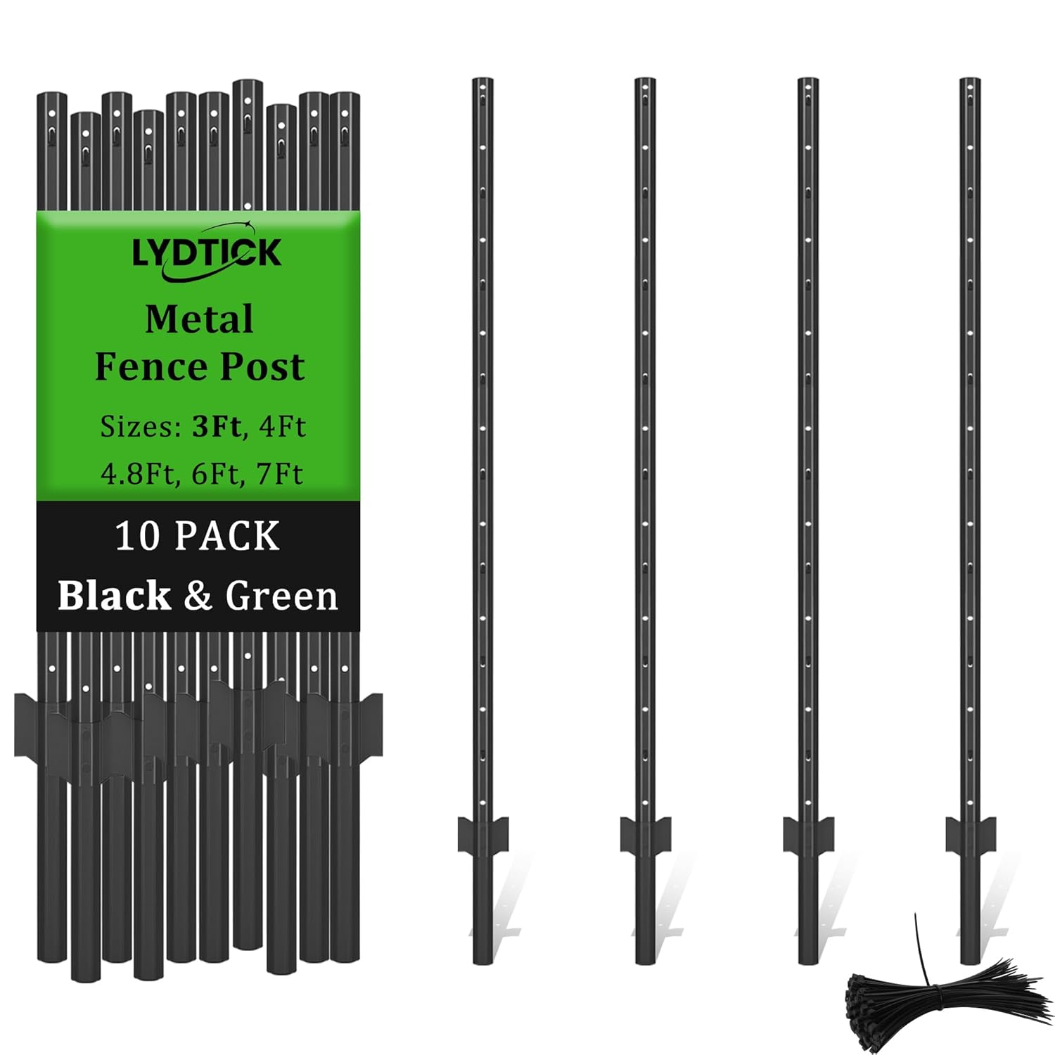 10Pack Fence Posts 3Ft in Bulk, Metal Fence Stakes Black Fencing Pole Heavy Duty T Post for Garden Wire Fencing, Black