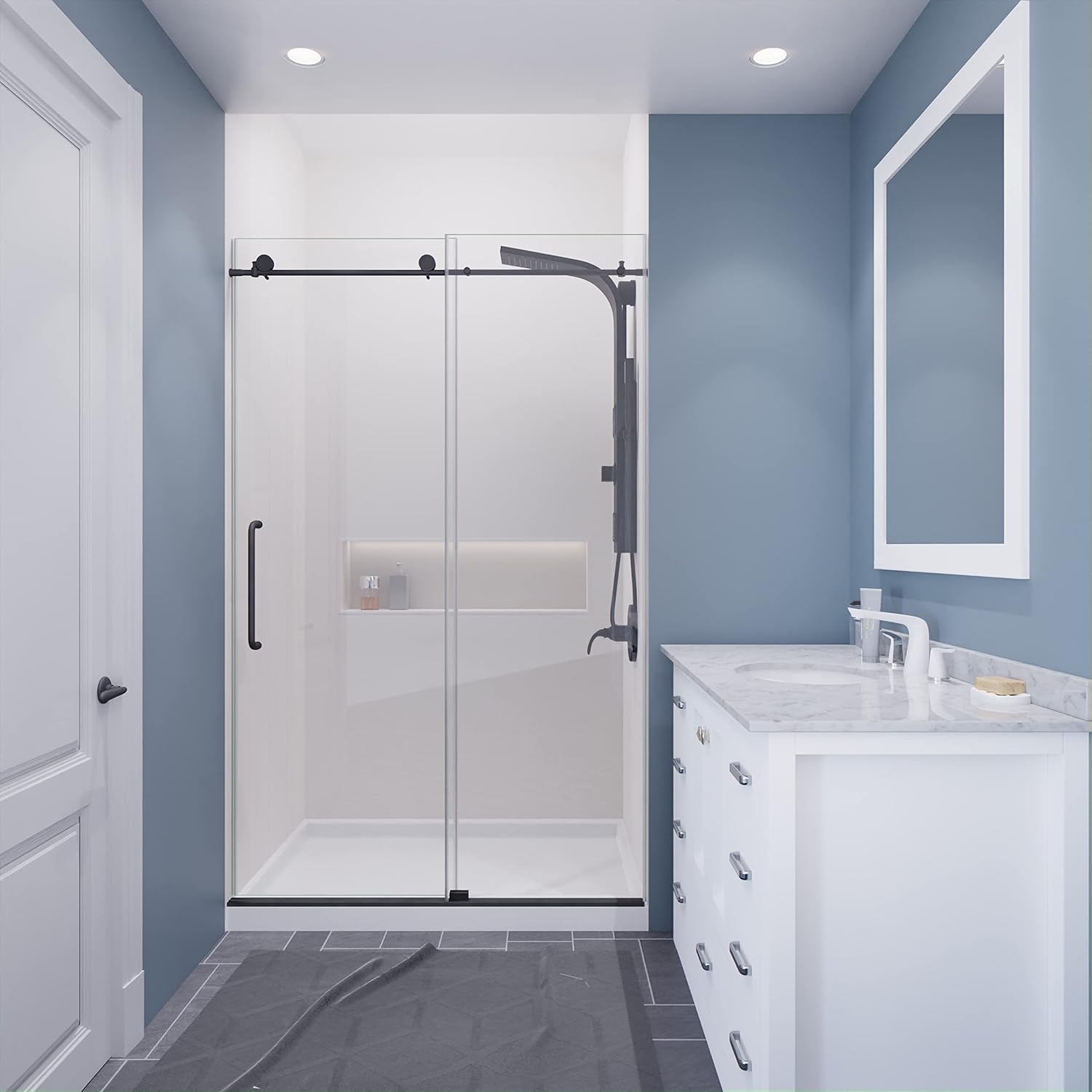 ANZZI 76 x 48 inch Frameless Shower Door in Gun Metal Black, Madam Water Repellent Glass with Seal Strip, Easy Glide Sliding Shower Door Parts Rollers, SD-AZ13-01GB