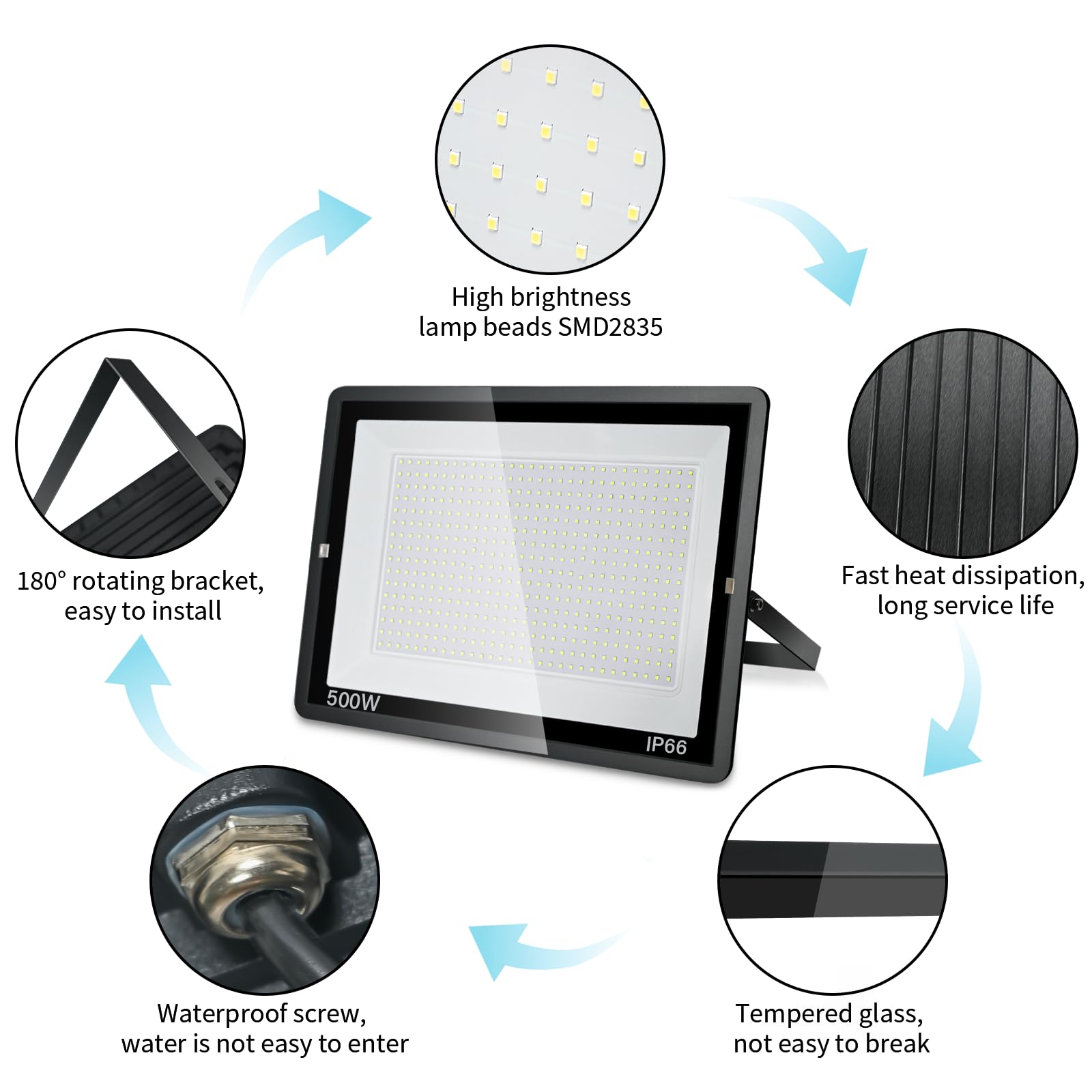 Zewnętrzny reflektor LED 500W: 50000LM 6000K IP66 Reflektory zewnętrzne | Zewnętrzne oświetlenie punktowe do ogrodów, tarasów, garaży, oszczędność energii