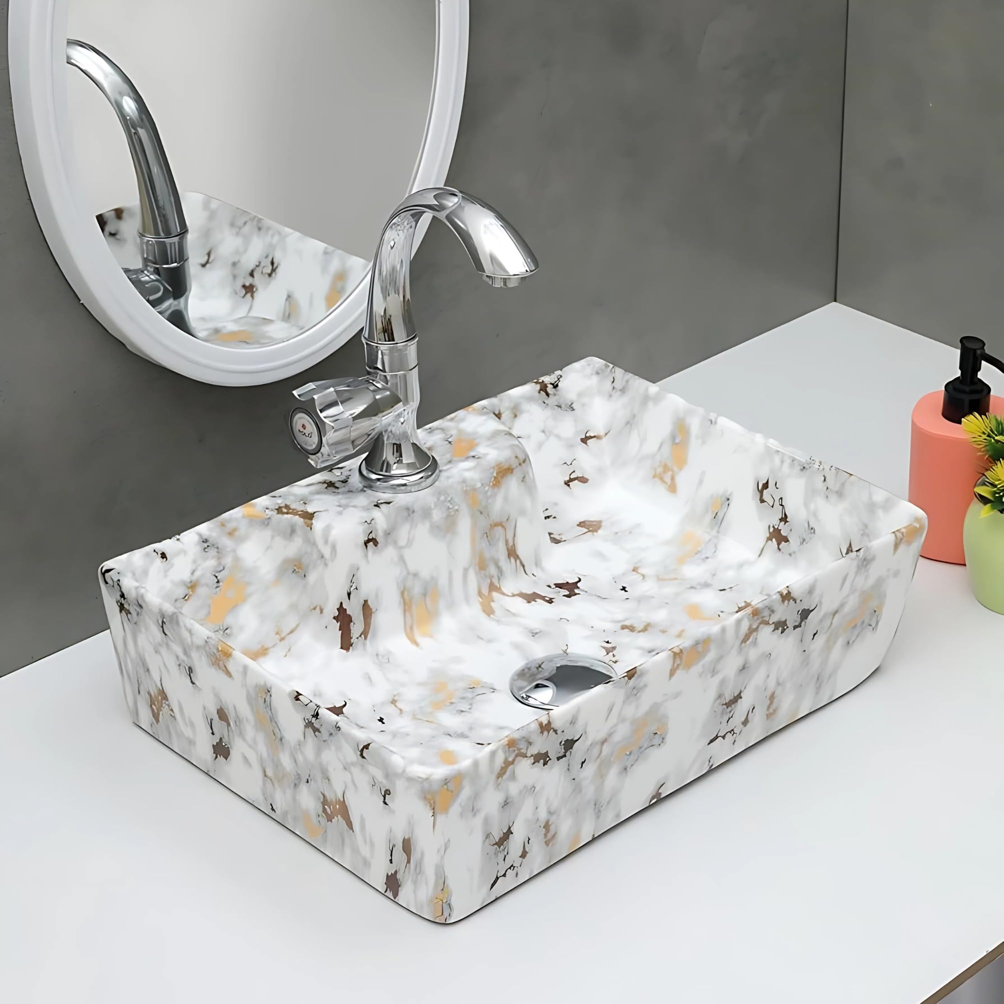 SEA SHORE IMPORTED Premium Designer Table Top Wash Basin For Bathroom | Ceramic Bathroom Sink | Wash Basin Over Counter Bathroom Basin (41x31x12 CM, White Gold Spot) (B0CSVYD8ZR) Amazon Price History, Amazon Price Tracker