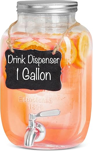 Outdoor Glass Beverage Dispenser with Stainless Steel Spigot, Ice Cylinder & Hanging Chalkboard - 1 Gallon Drink Dispenser for Lemonade, Tea, Cold Water & More