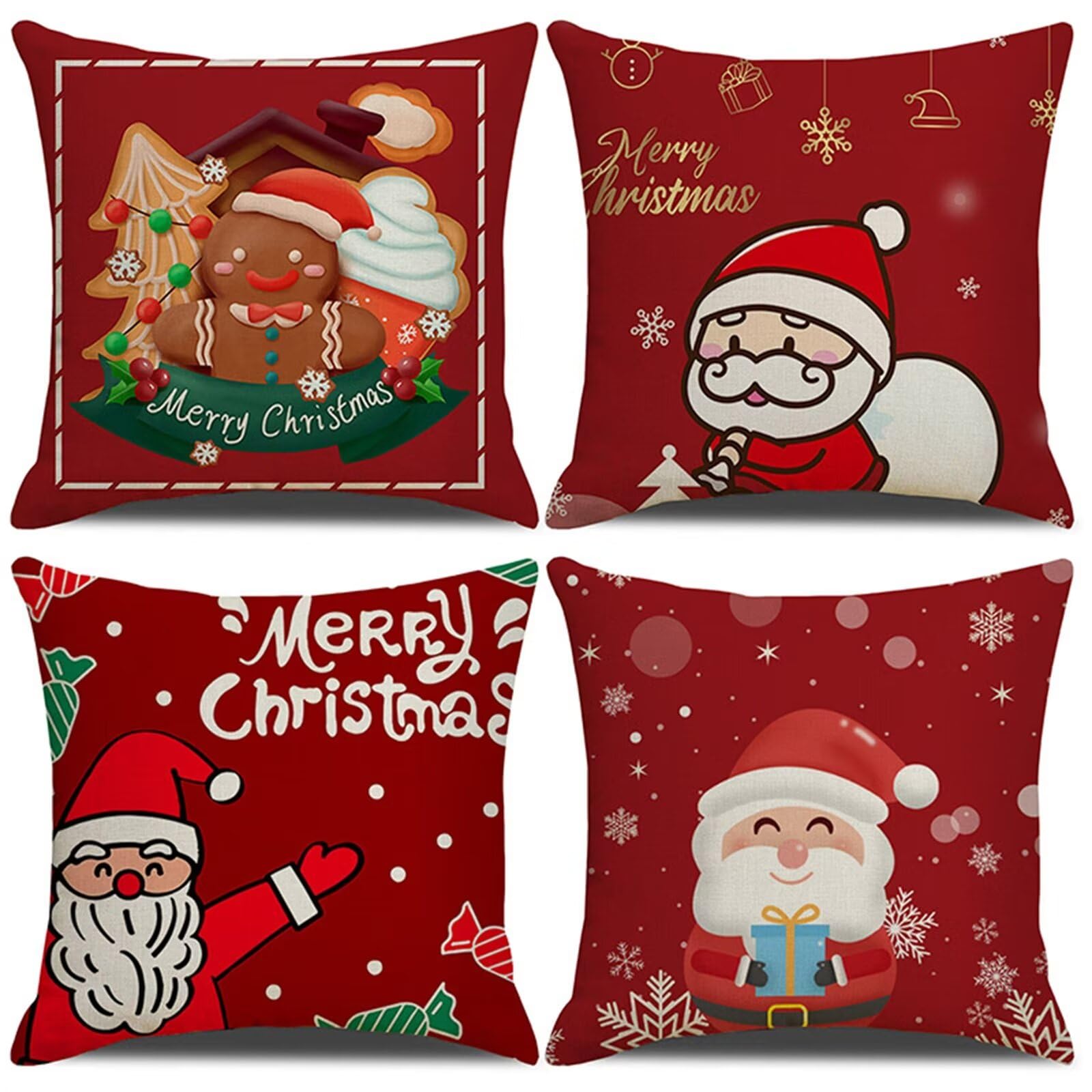 4 Pezzi Natalizi Cuscini per Divano, Natale Federe Cuscino Divano 60x60 CM Babbo Natale rosso, Natale Lino Copricuscini, Decorazione Natalizia per la Casa Addobbi Soggiorno Natalizie Decorativi