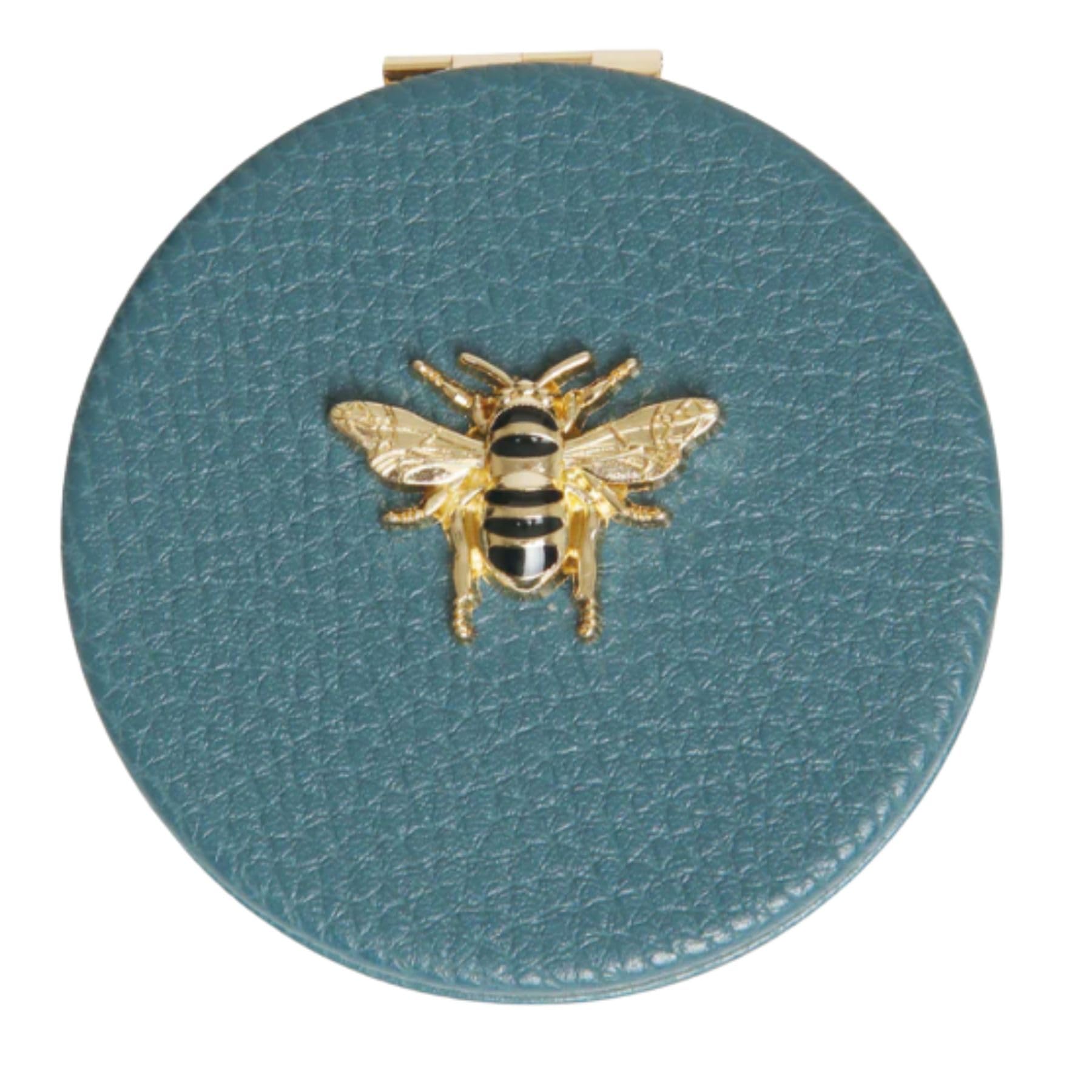 Alice Wheeler London Bee Compact Mirror for Women, Vegan Leather Purse Mirror, Double Sided Makeup Mirror with 3x Magnification, Travel Cosmetic Mirror, Gift Box, 7cm (Teal)
