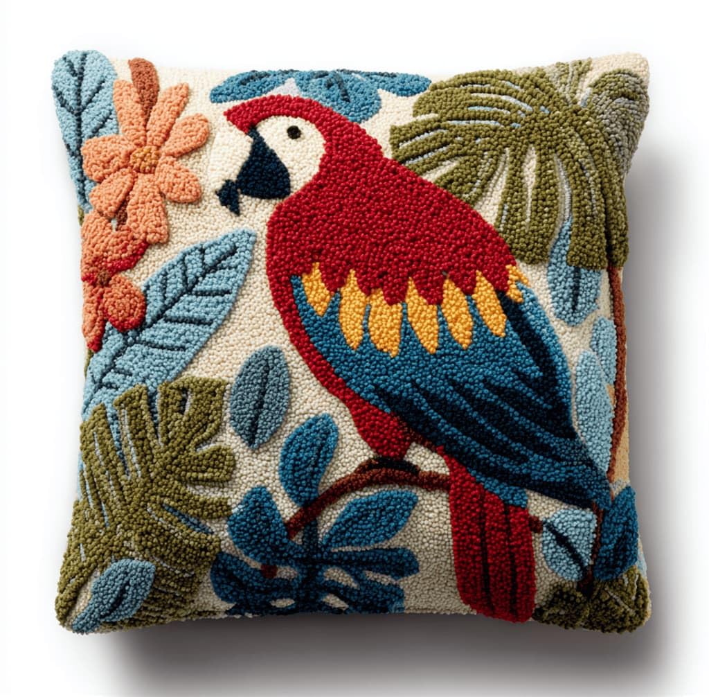 Latch Hook DIY Pillow Kit,Jungle Bird Handmade Cushion Cover 43X43Cm