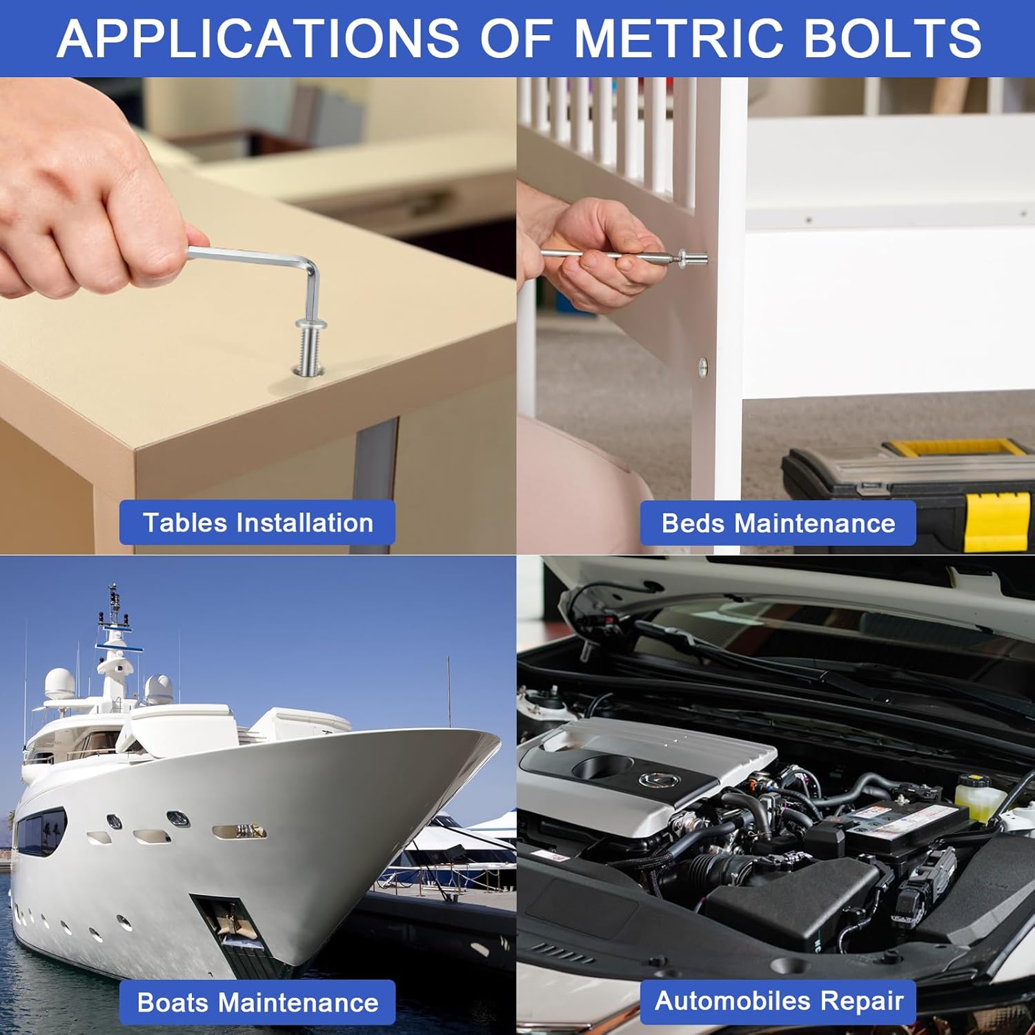Applications of Metric Bolts including tables, beds, boats, and automobiles
