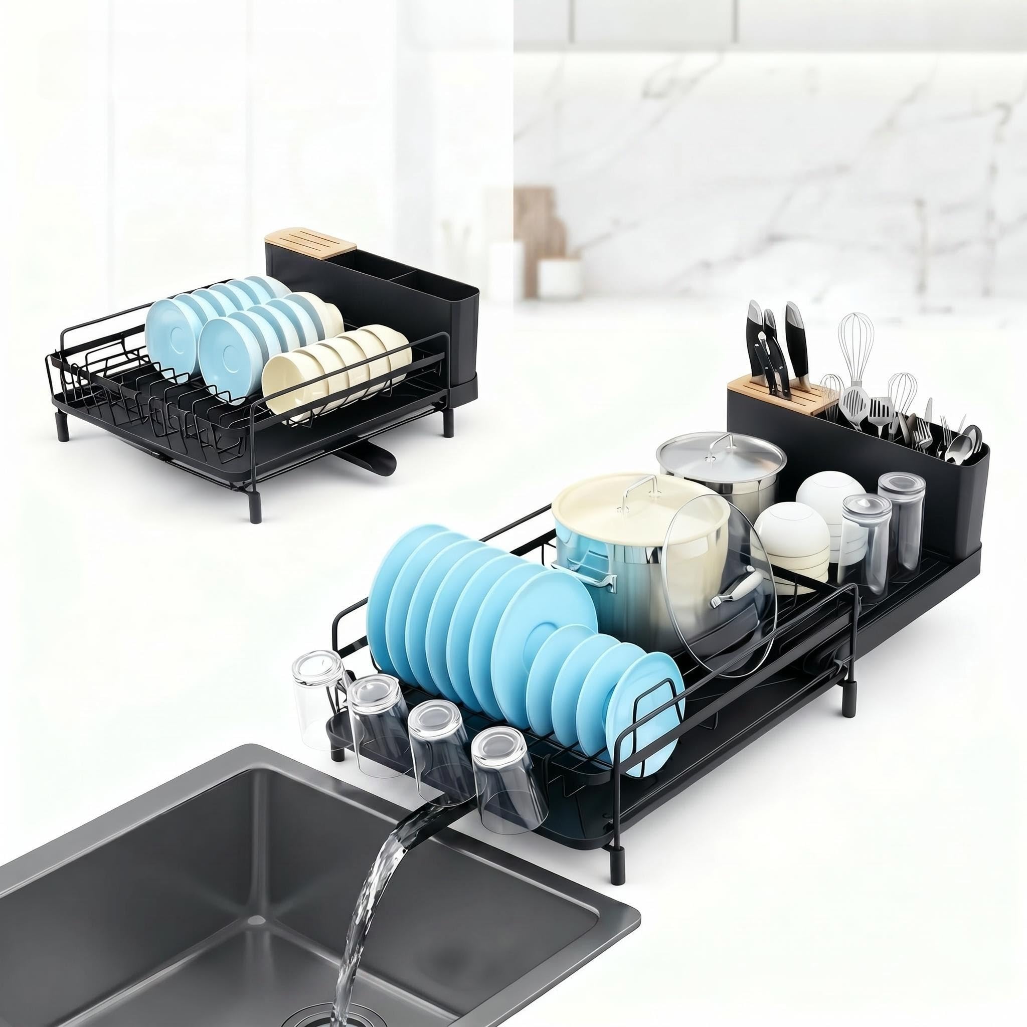 Photo 1 of SPACORA Large Extendable Dish Drying Rack with Bamboo Knife Holder, Rustproof Dish Drainer for Kitchen Counter, Adjustable 19"-27", Black