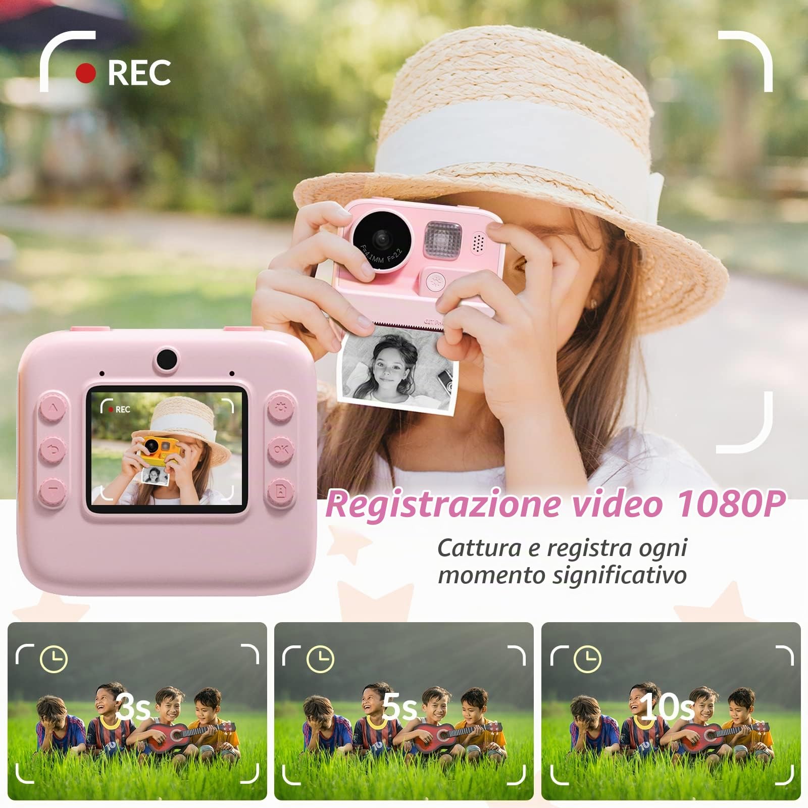 Mafiti macchina fotografica Bambini istantanea,40MP/1080P HD Fotocamera istantanea per Bambini Digitale con Scheda TF da 32GB,Carta da stampa e accessori carini,Ricaricabili (Rosa)