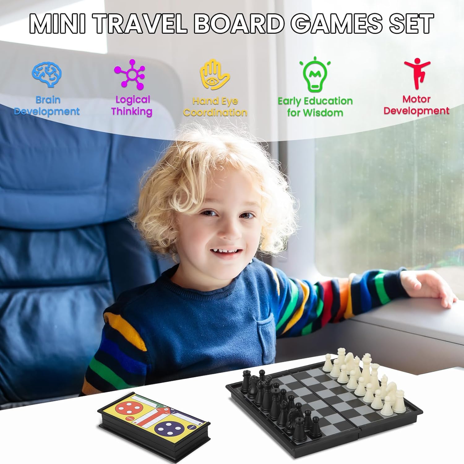 5 in 1 Mini Magnetic Board Travel Games Set with 4 Foldable Chess Boards and 5 Sets of Chess Pieces, Checkers Games with Storage Bag, Small Board Games for Road Trip, Camping, Party