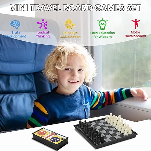 Miniatura 3 de Juego de mini juegos de mesa magnética 5 en 1 con 4 tableros de ajedrez plegables y 5 juegos de piezas de ajedrez, juegos de damas con bolsa de