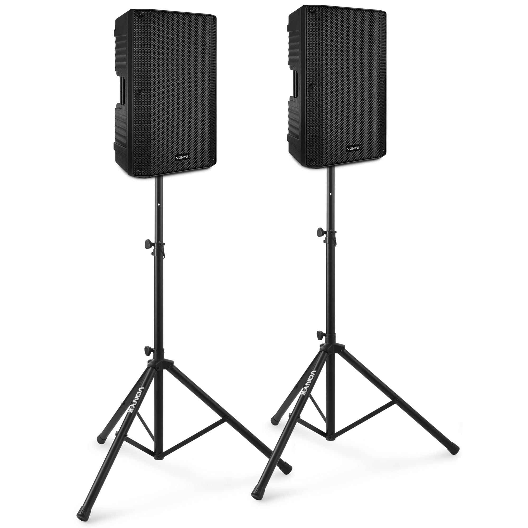 Vonyx VSA150S Pack de Altavoces Activos estéreo de 1000 W con Bluetooth, Reproductor de MP3 y Control Remoto, Incluye Soportes de Altavoz de Suelo - Ideal para DJ's, músicos, Cantantes y discursos