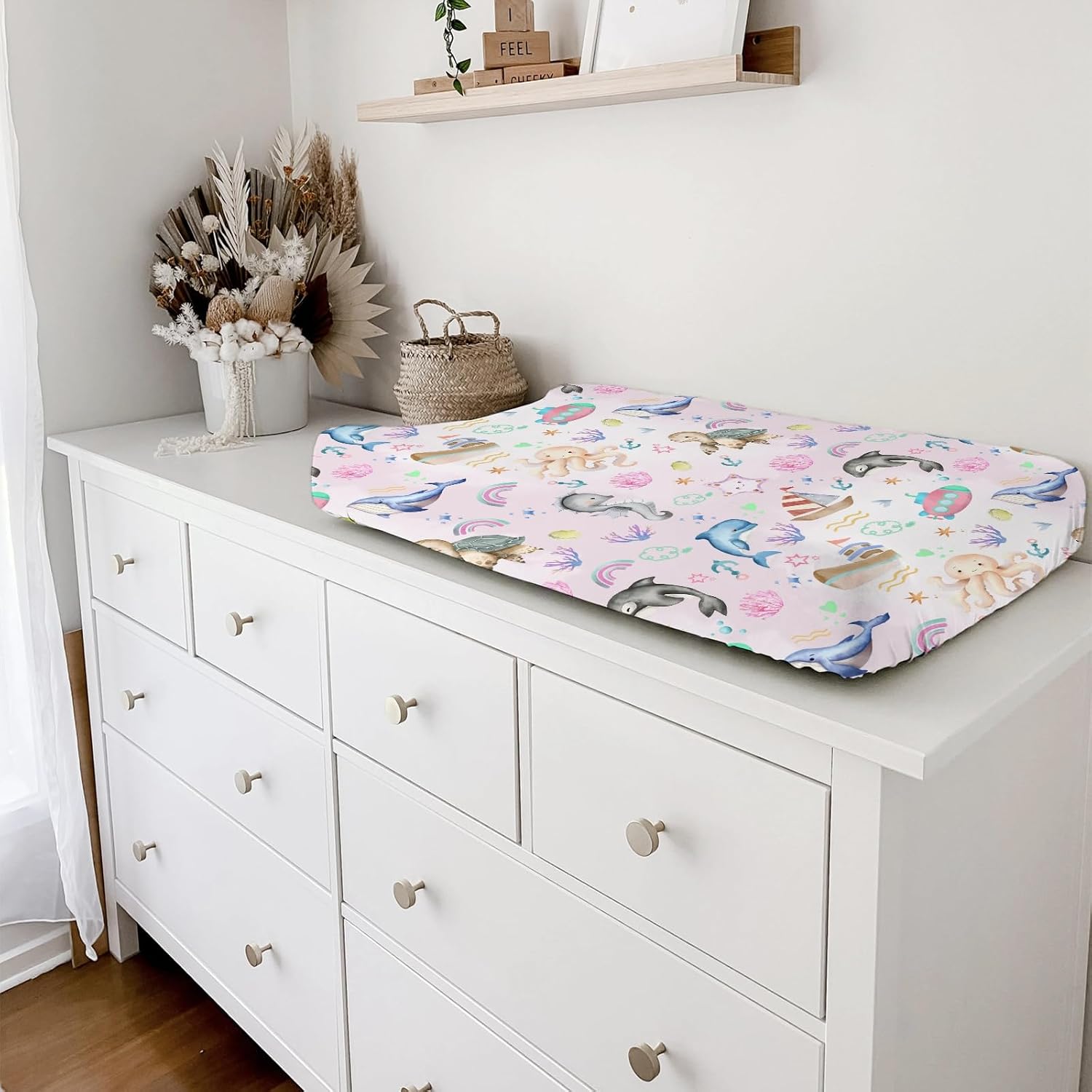 Colorful Sea Animals Baby Changing Pad Covers for Boys & Girls 32''x16'' Ocean Whale Dolphin Turtle Sea Horse Corals Unisex Fitted Changing Pad Sheets Nautical Life Soft Diaper Change Table Mats image 5
