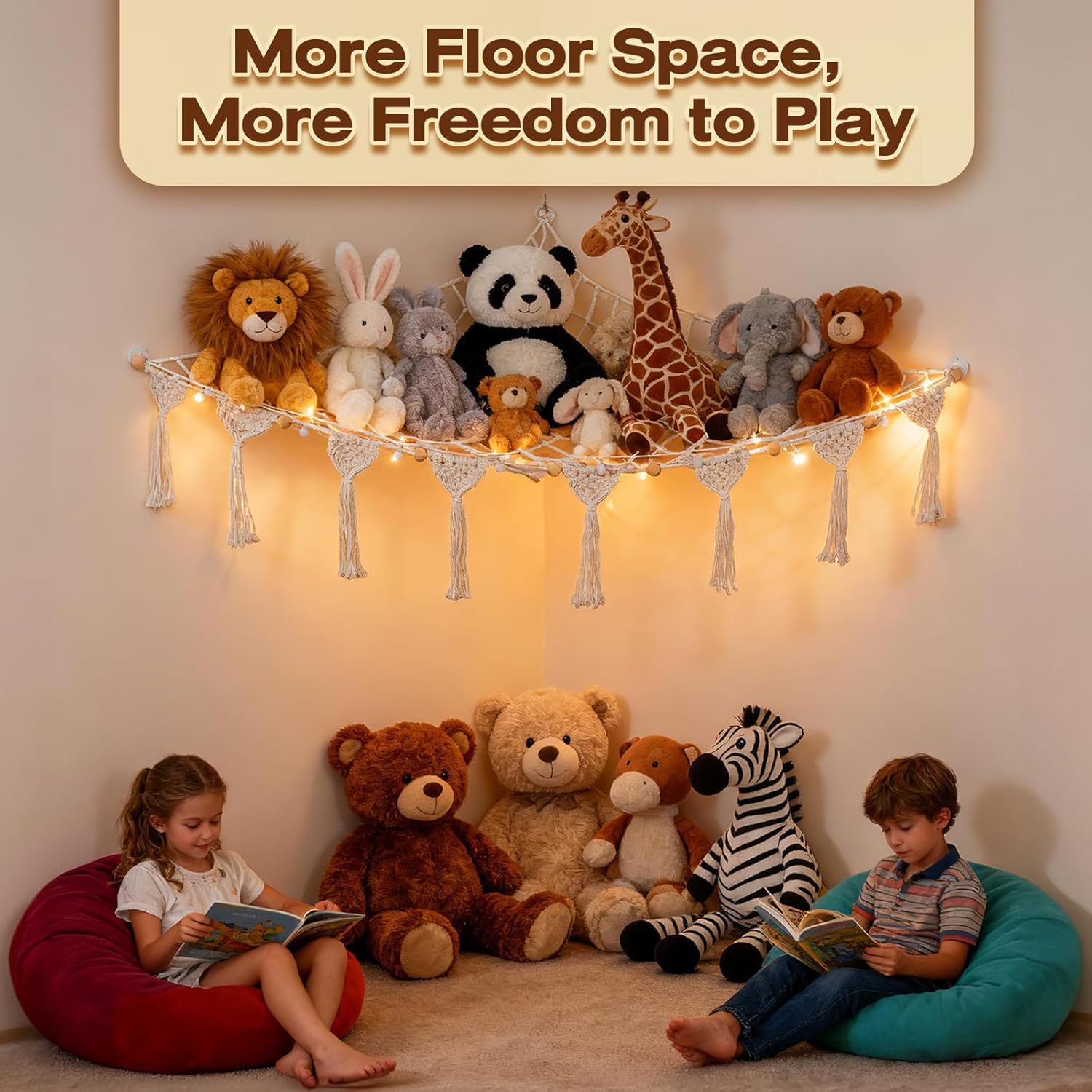 Stuffed Animal Hammock with String Lights, Large Stuffed Animal Net Storage Organizer for Kids Room, Boho Macrame Corner Organizer with Tassels & Installation Kit, Beige