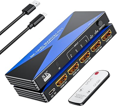 8K@60Hz HDMI Switch 4 in 1 Out. ALYYDBG 4K@120Hz/240Hz HDMI 2.1 Switcher Supports Dynamic HDR10+ HDCP 2.3 CEC, Works with Gaming Consoles TV Box Stick Computer to TV Monitor Projector