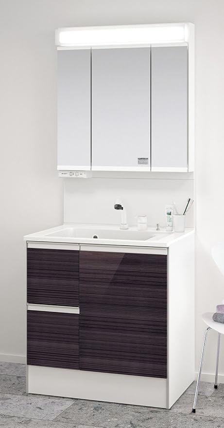 Amazon ファーストプラス 洗面化粧台 Gqcシリーズ 幅750 色 ブラウン 蛍光灯三面鏡 鏡面木目扉 洗面台