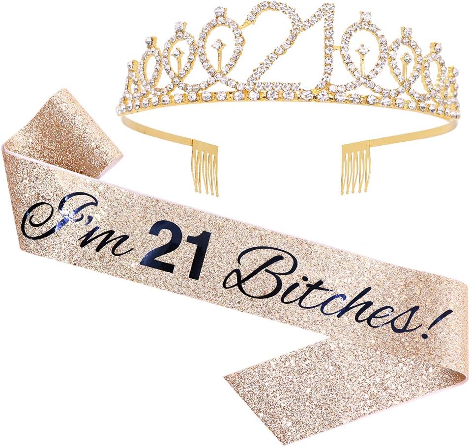 "I'm 21 Bitches!" Sash & Rhinestone Tiara Set - 21st Birthday Gifts Birthday Sash for Women Fun Party Favors Birthday Party Supplies (Gold Glitter with Black Lettering)