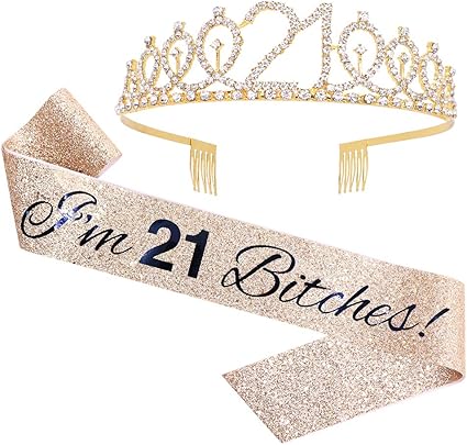 Amazon Com I M 21 Bitches Sash Rhinestone Tiara Set 21st Birthday Gifts Birthday Sash For Women Fun Party Favors Birthday Party Supplies Gold Glitter With Black Lettering Health Personal Care