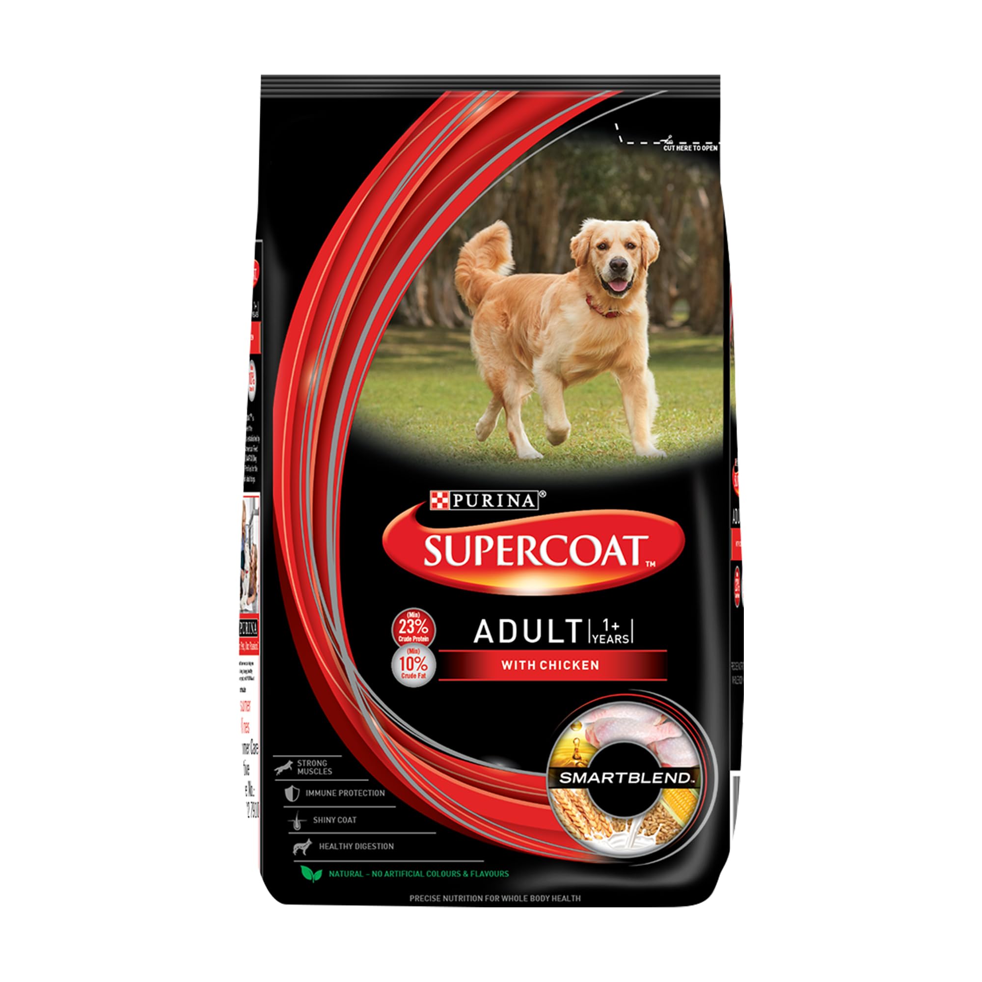 PURINA SUPERCOAT Adult Dry Dog Food, 1+ Years, With Chicken, Smart blend Precise Nutrition for Whole Body Health, No Artificial Colours & Flavours, 8Kg Bag