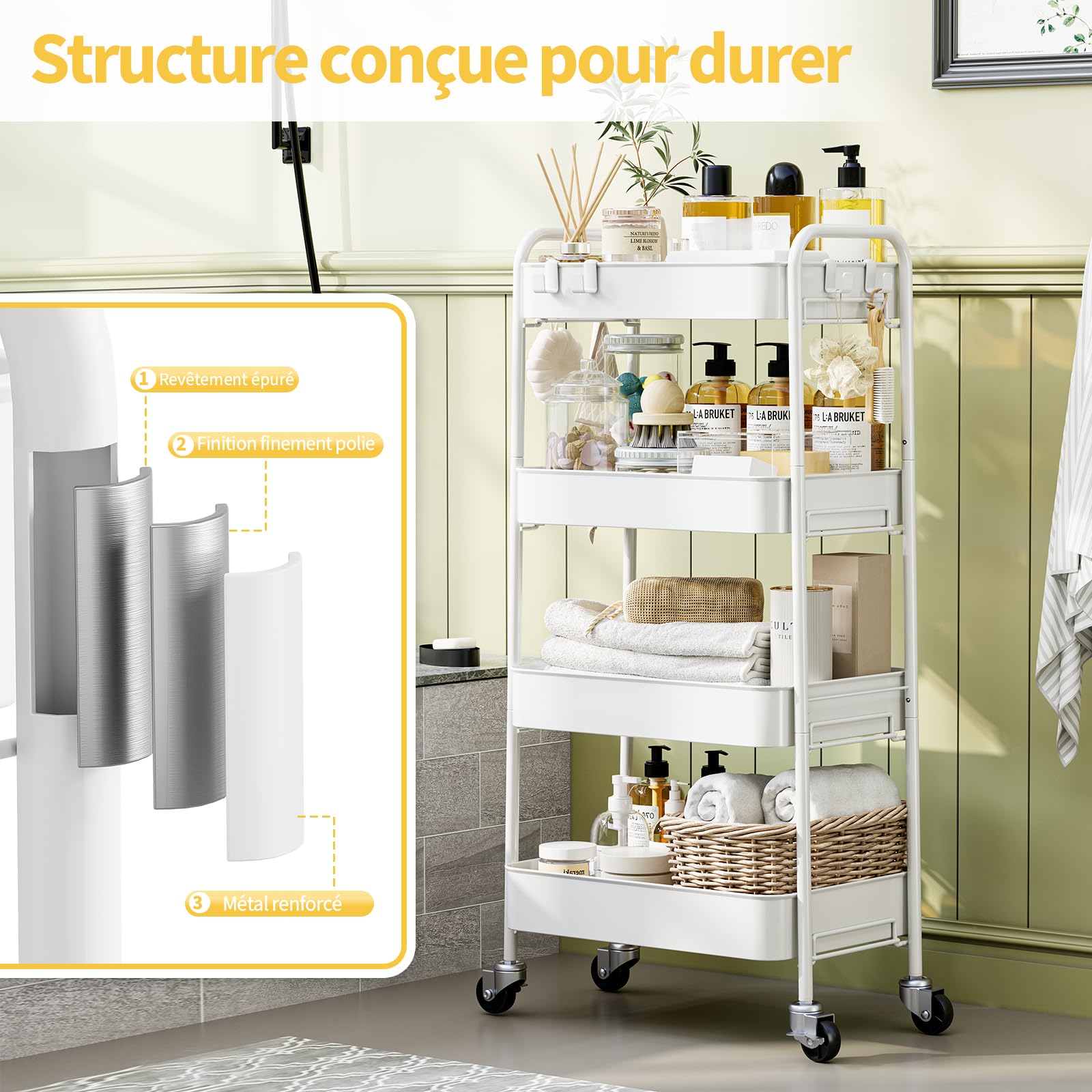 KINGRACK Chariot de rangement en métal à 4 niveaux sur roulettes, pour livres de beauté, thé, art du thé, pour la maison, la salle de bain, la cuisine, le linge, pas besoin de vis, chariot utilitaire