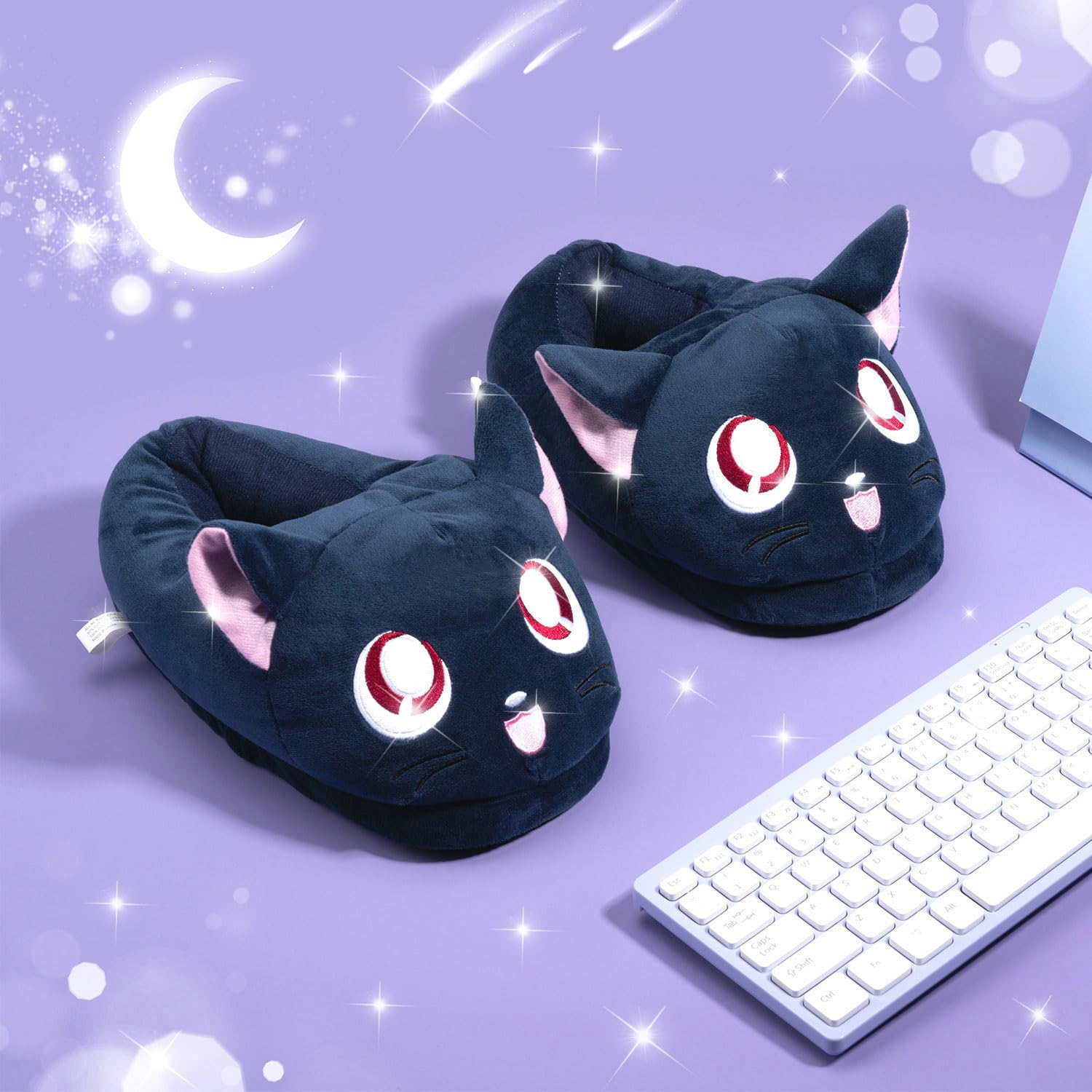 BelugaDesign Glopastel Chaussons Cat Luna | Chaussures de maison à enfiler mignonnes Anime Moon Fuzzy | Taille unique Adultes Femmes Hommes (Bleu)