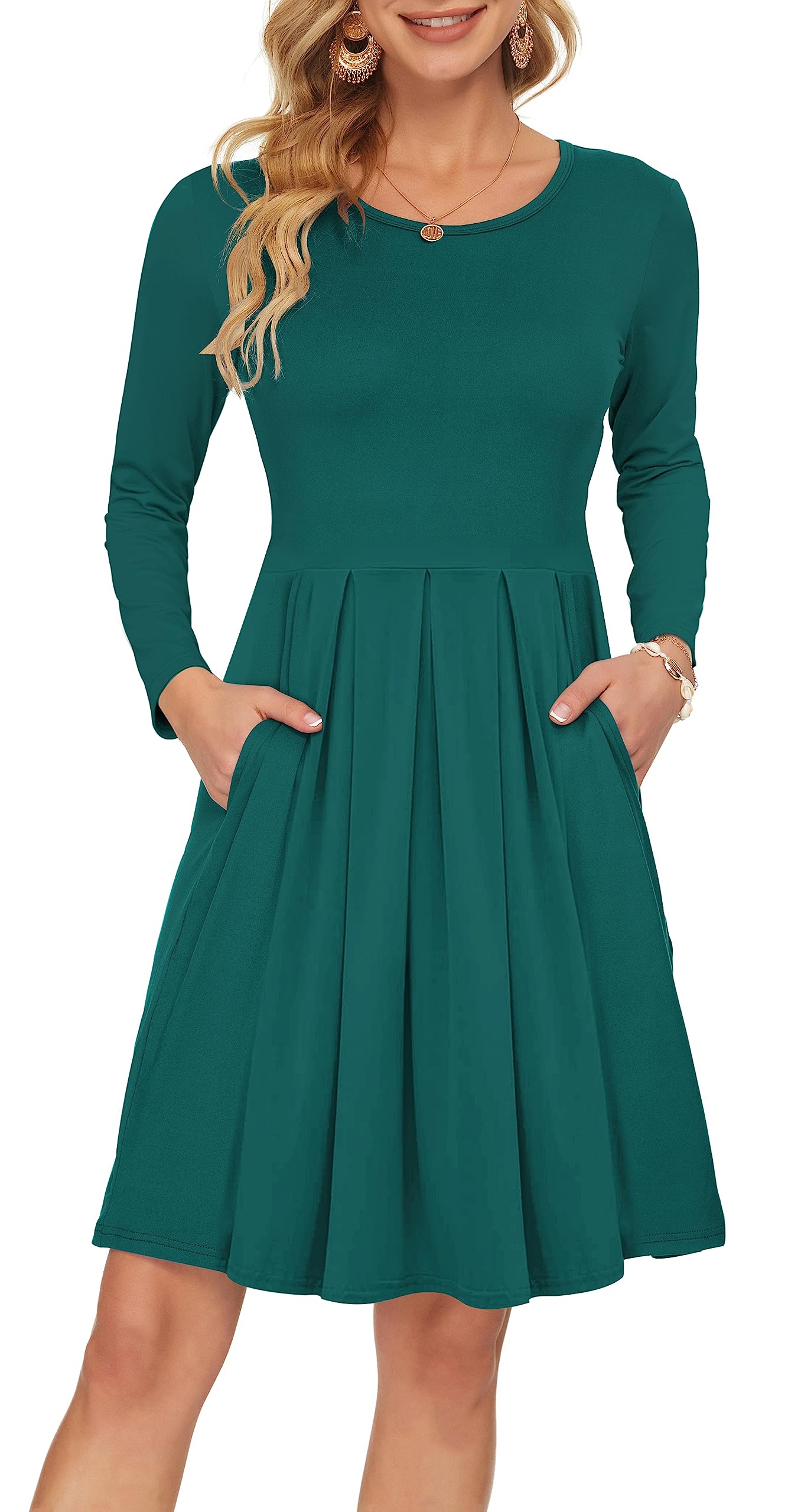 – Women's Long Sleeve Pleated Loose Swing Casual Dress with Pockets Knee Length