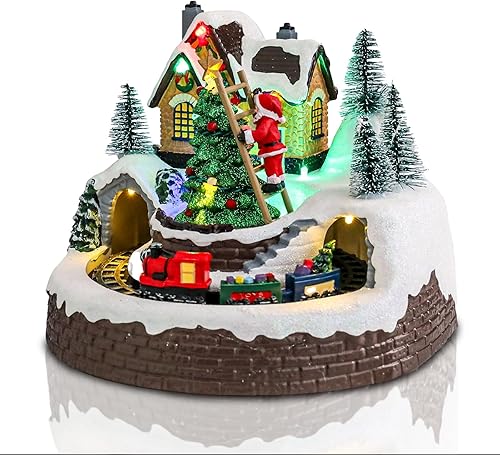 Bdor Decoración iluminada de pueblo navideño, exhibición animada musical, tren de montar a pilas de Papá Noel, funciona con pilas, decoración