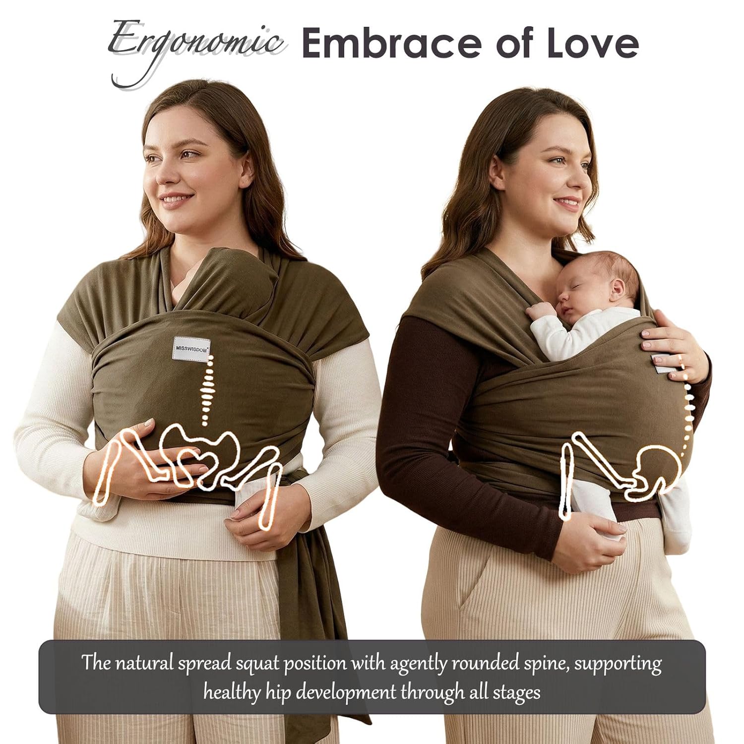 MISSWISDOM Baby Wraps Carrier, Baby Carrier Wrap Newborn Sling 7-35lbs, Baby Wearing Wrap Newborn Wrap Carrier, Baby Sling Carriers for Newborn and Infant, Brown
