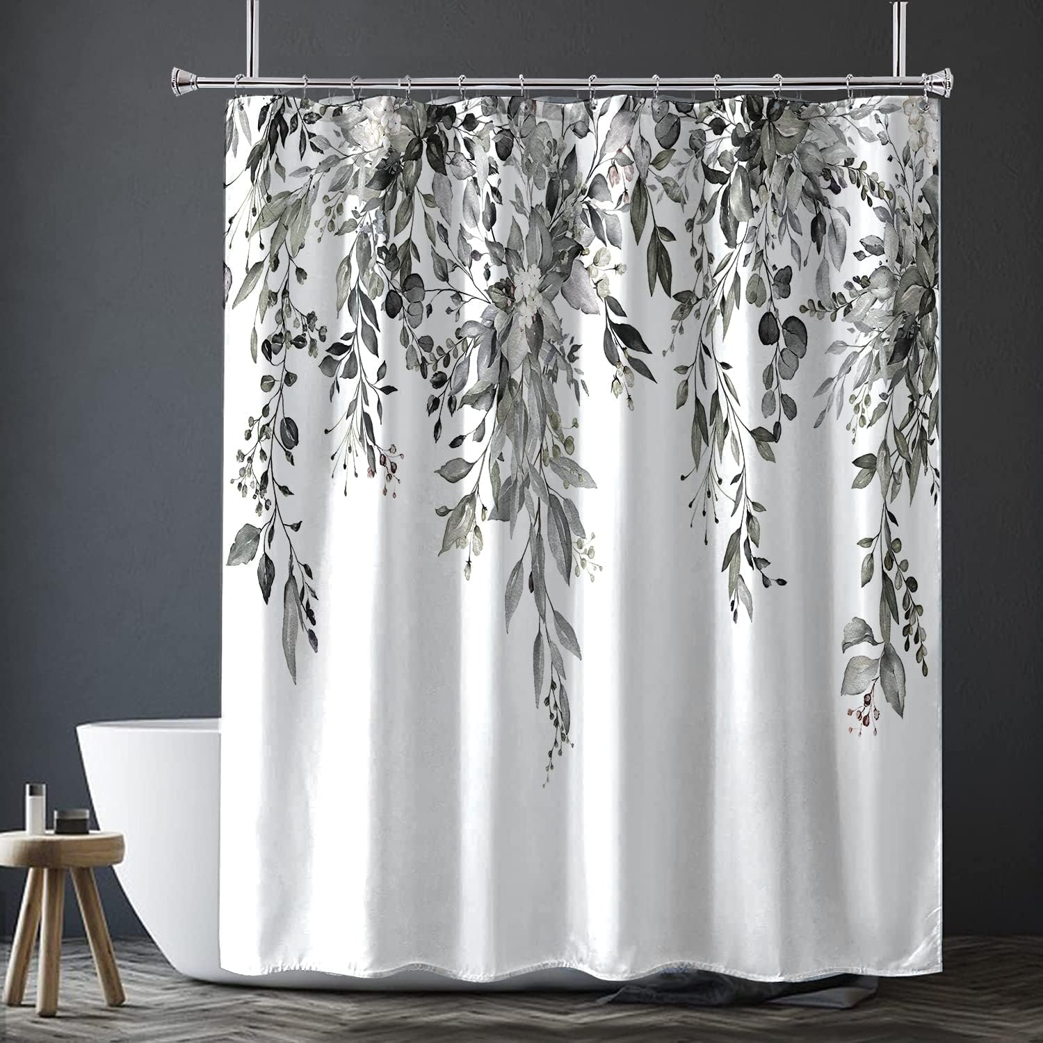 Extra Long Black and White Eucalyptus Leaves Shower Curtains 72x84 Inch,Waterproof Fabric Stylish Botanical Bathroom Gray Sage Shower Curtain with 12 Hooks
