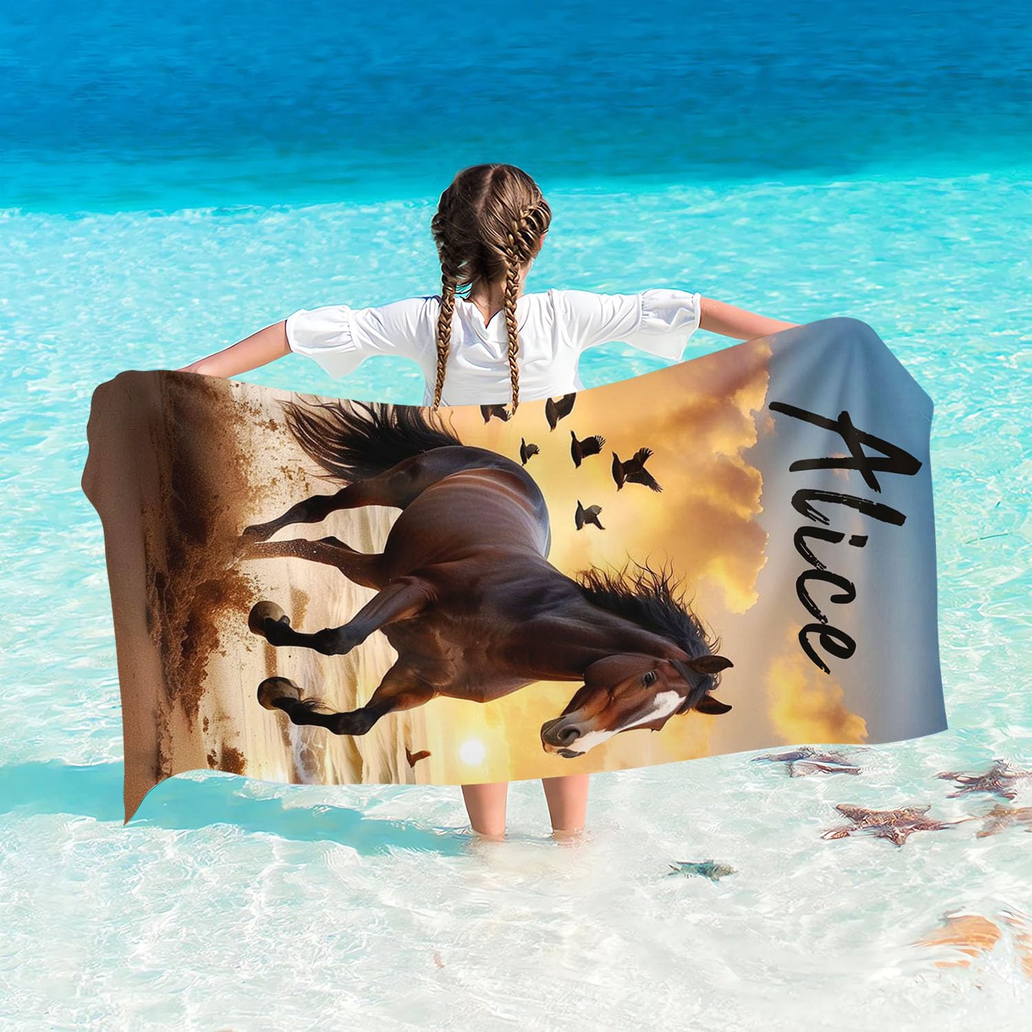 Serviette De Plage Cheval Personnalisée Avec Nom, Serviette