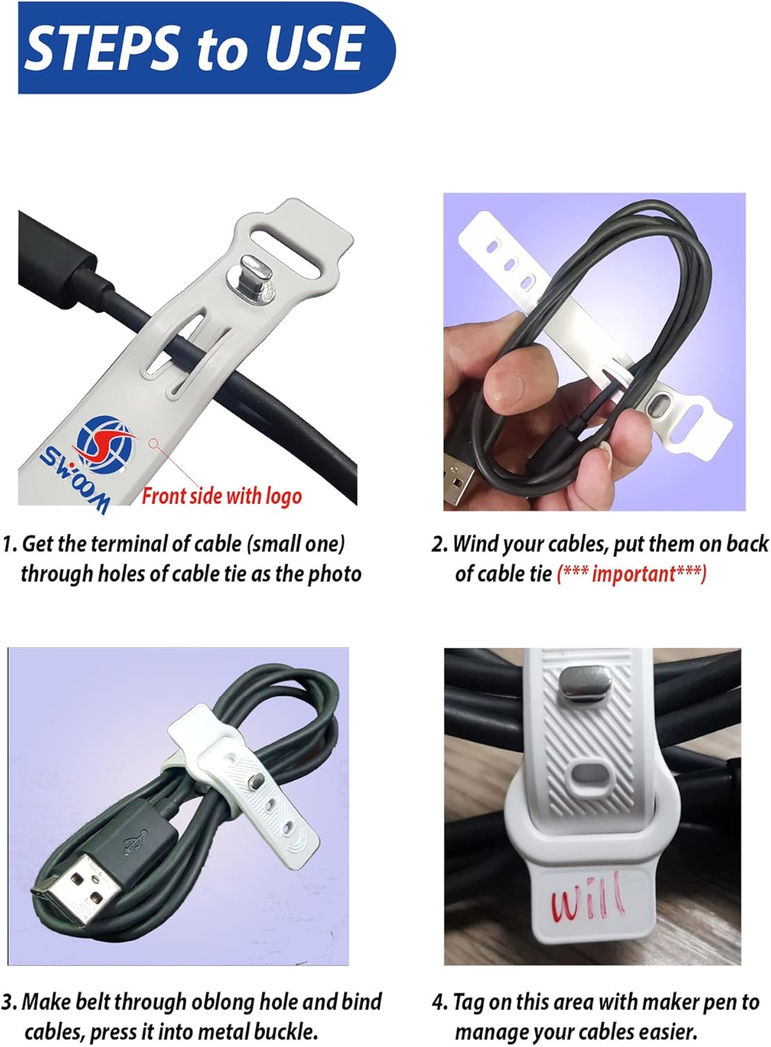 SWOOM Silicone Cable Ties,Fastening Cable Management,Reusable Wire Organizer,Cable Straps Hook and Loop Cord Ties,Adjustable Ties,Premium Cord Organizer Wire Ties,Elastic Cord Organizer (Black+White)