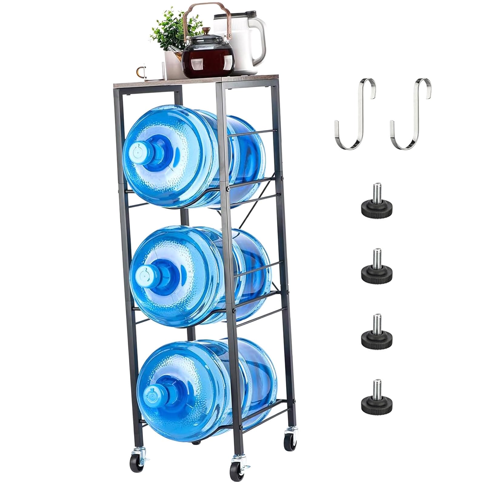 Soporte móvil para cubo de agua con tres niveles y para uso doméstico, estante de almacenamiento de acero al carbono, diseño vertical, soporte para botellas que ahorra espacio