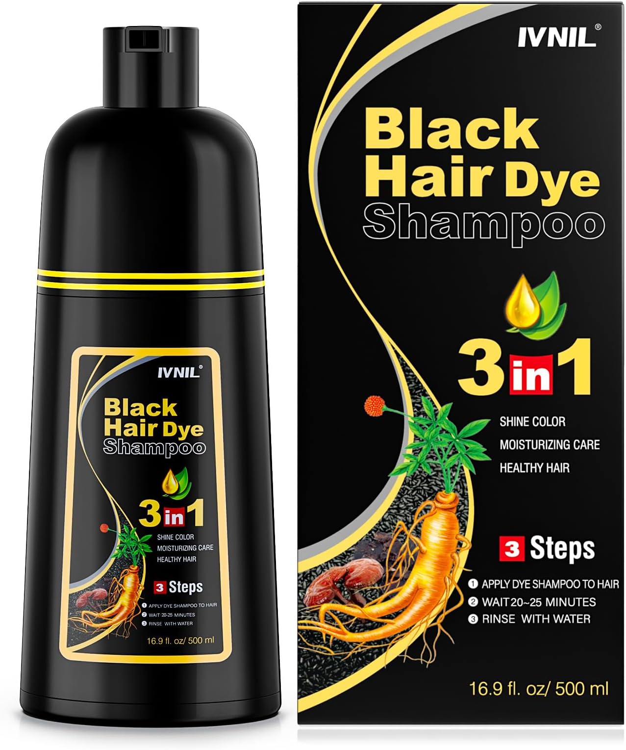 Ivnil Black Hair Dye Shampoo 3 in 1 Champu Para Canas Mujer Gray Hair Coverage for Women & Men Herbal Natural Plant Hair Color Shampoo