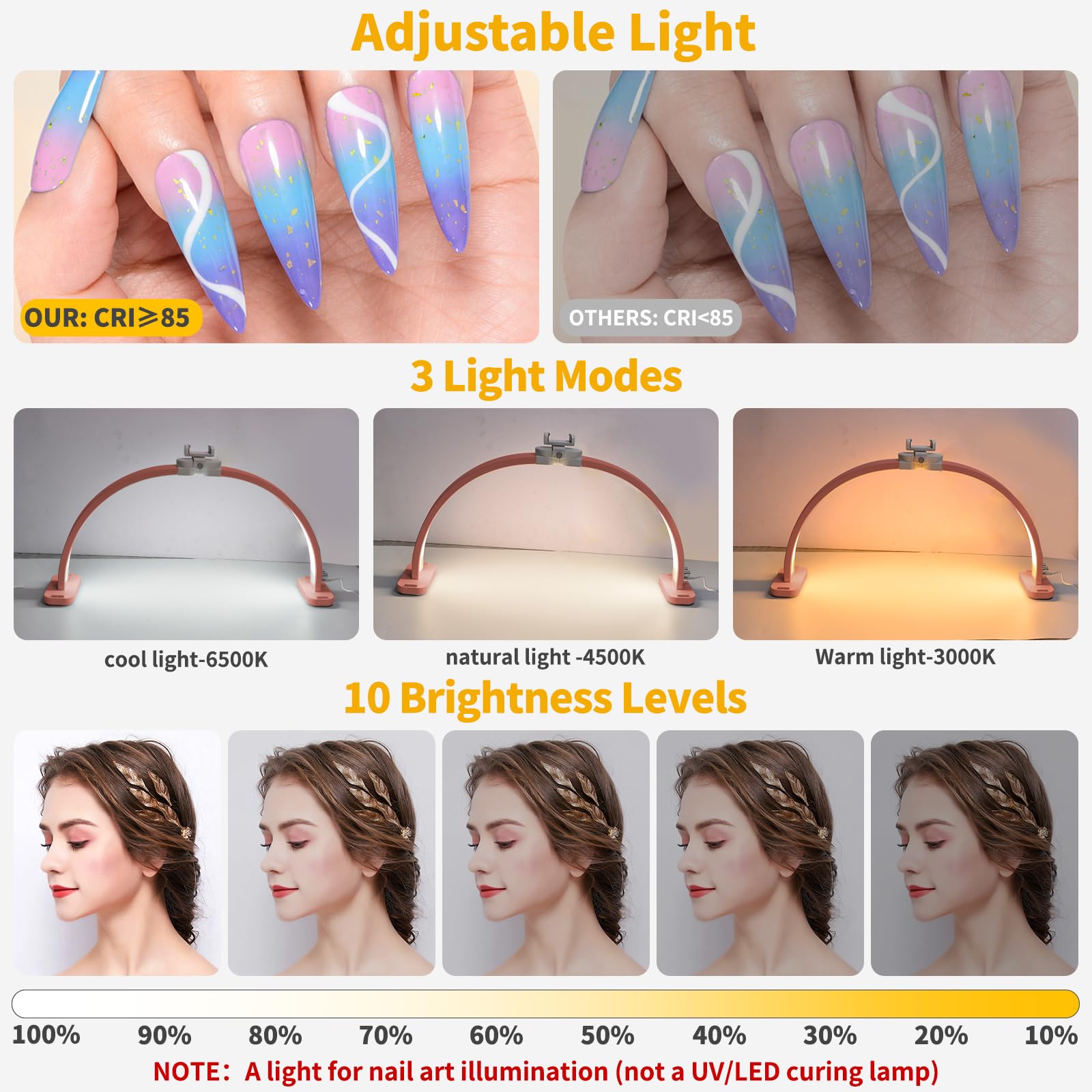 CGBE Desktop Halve Maanlamp voor Nagels met Telefoonhouder: 76 cm - 45 W - 3000-6500 K Dimbaar met 3 Kleurmodi - Opvouwbare Tafellamp voor Wimperverlenging, Tatoeage en Manicure - Zwart