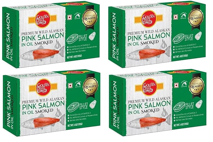 Golden Prize Wild Alaskan Smoked Pink Salmon Fillet in Oil, 115g(Pack of 4)