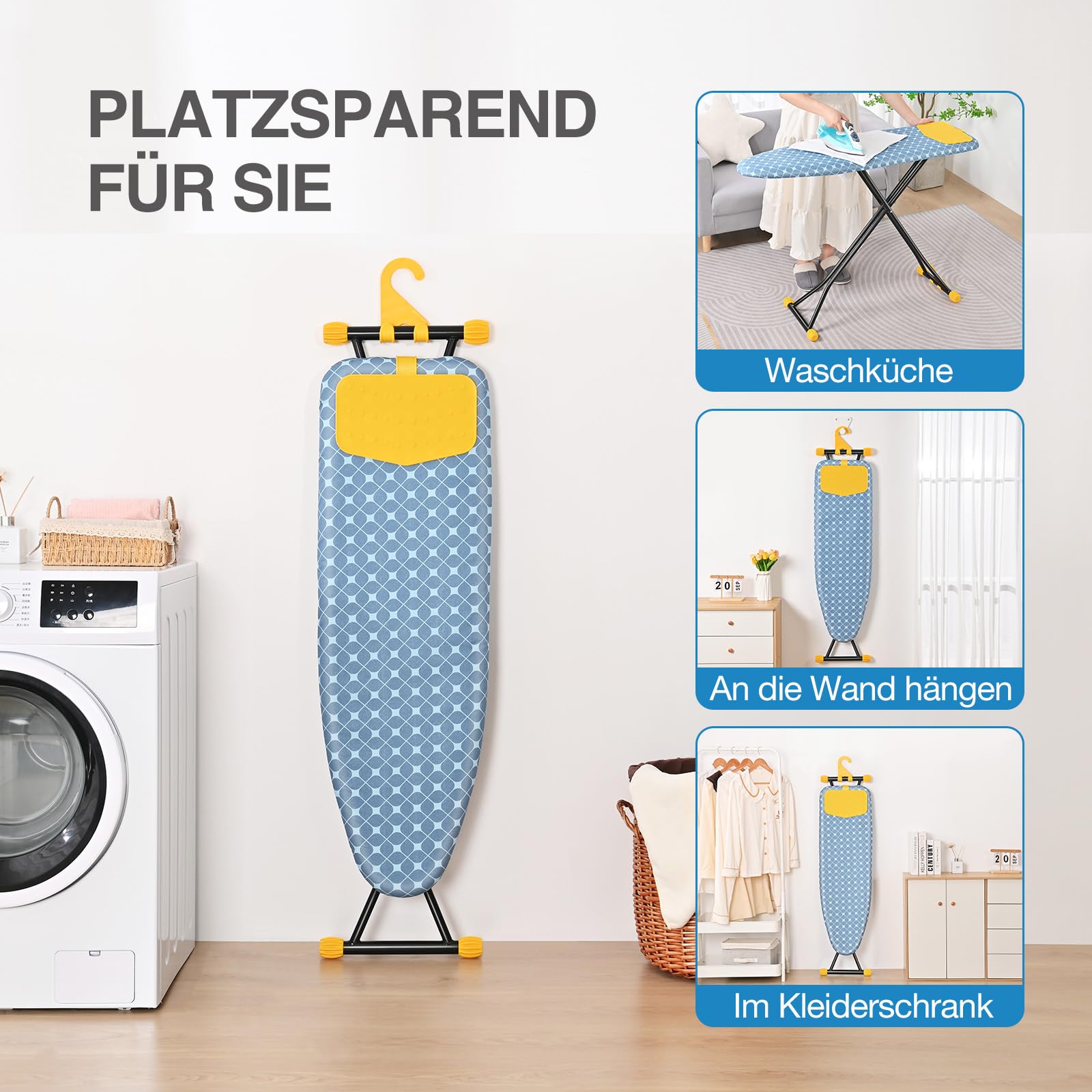KINGRACK Bügelbrett mit Integriertem, Bügeltisch mit Silikonauflage, Kompaktes und Platzsparendes, Extra Dicke Abdeckung, 7 Höhenverstellbar, Wand- & Schrankaufhängbar – 38x121cm, Gelb