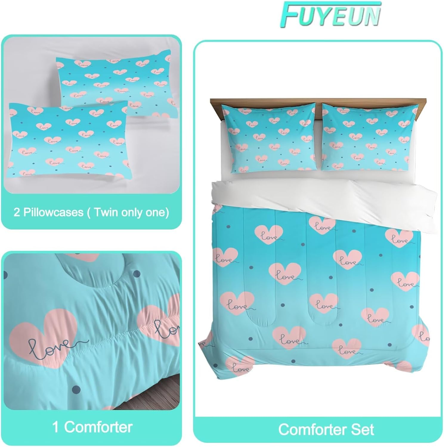 Heart Shaped Comforter Set Full/Queen Size Blue Gradient Bedding for Kids Girls Teen Women Bedroom Decor Love Aesthetic Quilt Bed Sets, 1 Comforter 2 Pillowcases