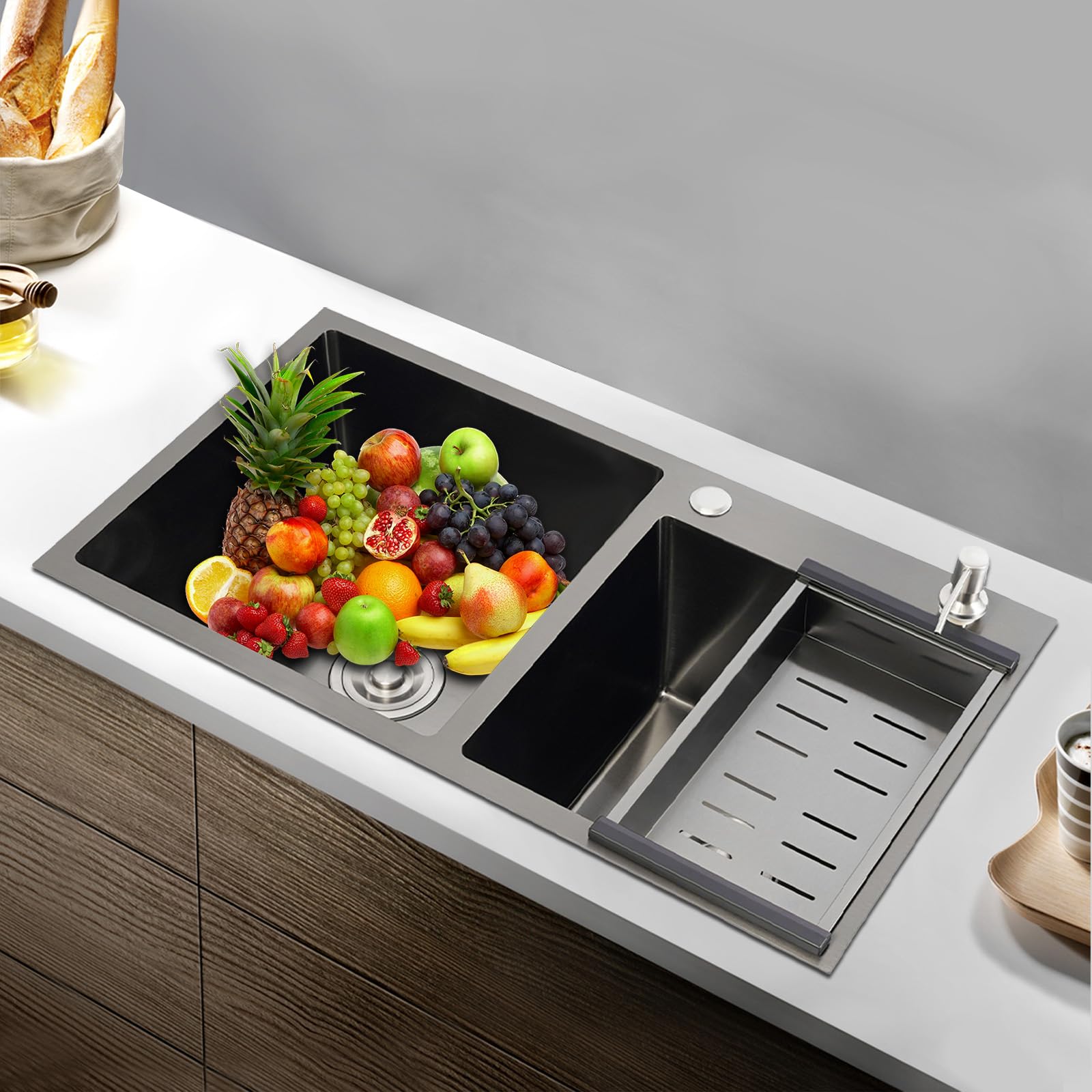 Fregadero de cocina doble negro, 78 x 43 x 22 cm, acero inoxidable 304, con escurridor y dispensador de jabón