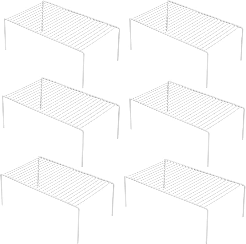 Juego de 6 grandes (15.7 x 9.4 pulgadas) Estante organizador de gabinete de cocina, estante de almacenamiento de congelador de alambre, elevador de estante de metal de acero resistente a la corrosión para platos Organización de armario de despensa, blanco