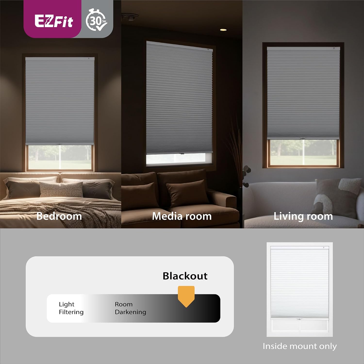 DEZ FURNISHINGS EZ Fit No Tools No Drill Cordless 1.5" Blackout Cellular Shade, 30.25" W x 64" H, White